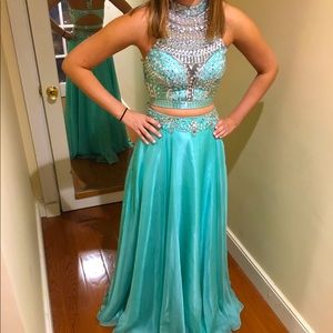 Two piece aqua blue prom dress